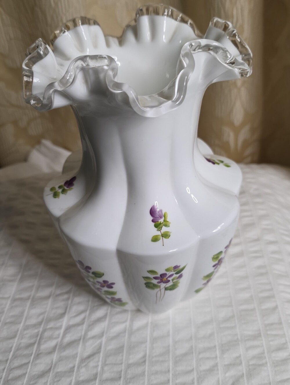 Fenton Violets In The Snow Sikver Crest Vase Model 7450 Hand Painted 9 1/2"